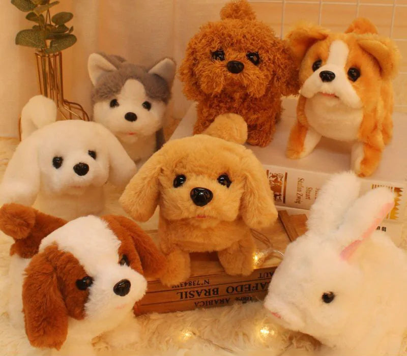 Collection of plush dogs and a rabbit on a surface with a decorative background.