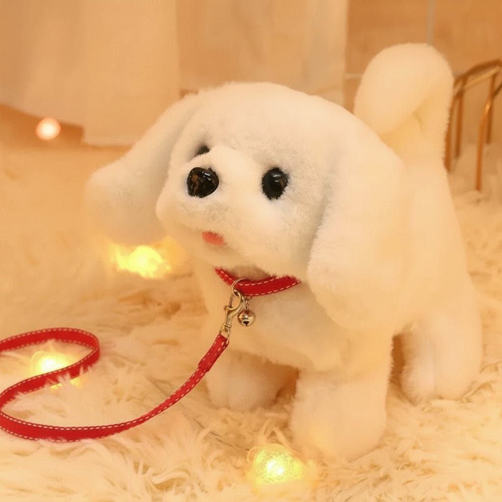 White plush toy dog with black eyes and a red leash on a soft surface.