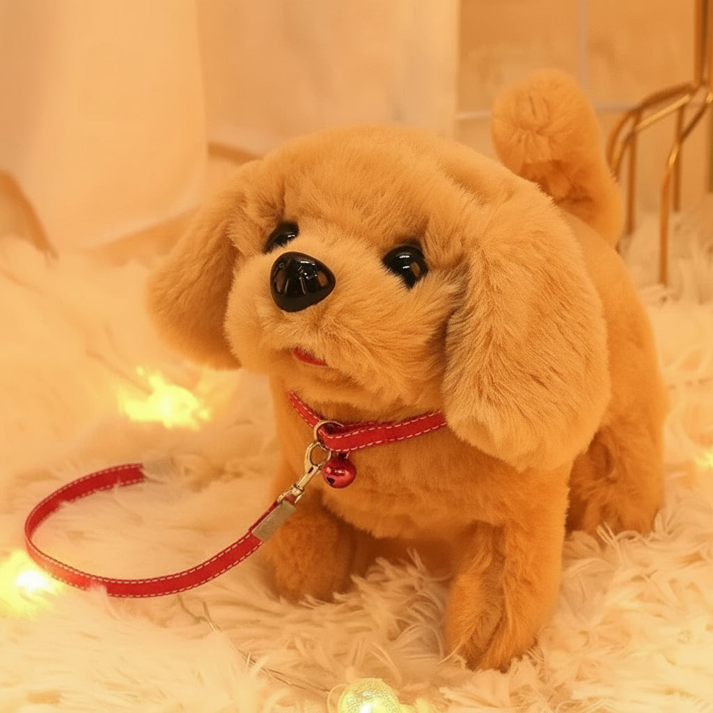 Plush toy dog with a leash on a soft surface