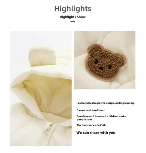 Children's jacket with bear patch and text about fashion and innocence.