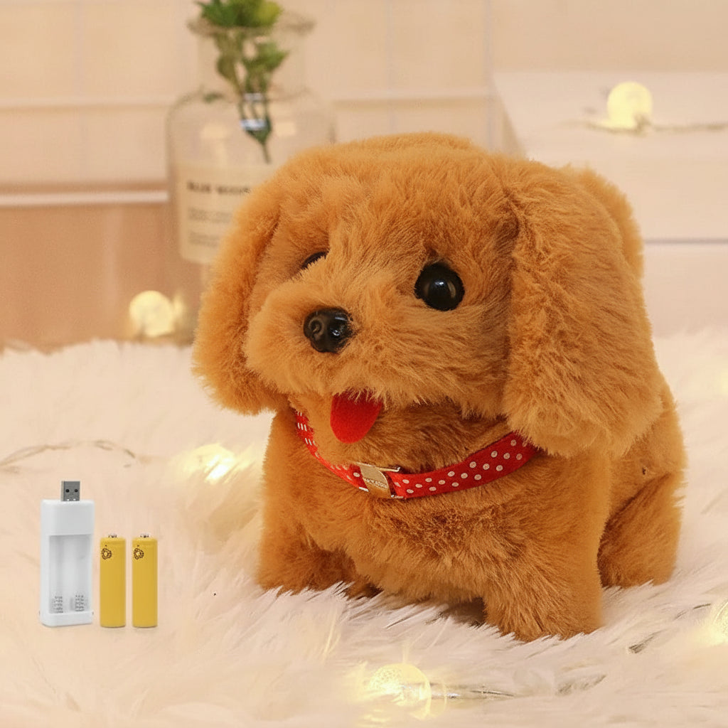 Plush toy dog with a red collar on a soft surface, accompanied by a charger and batteries.