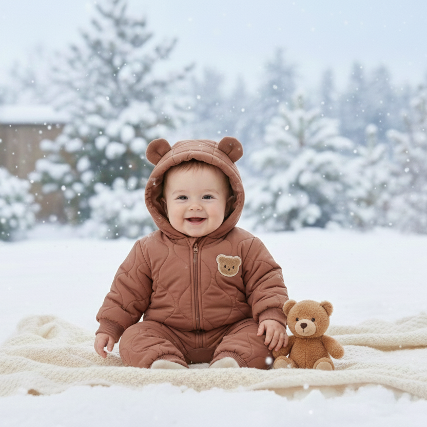 Child in a brown snowsuit with bear ears sitting on a blanket in the snow, holding a teddy bear.
