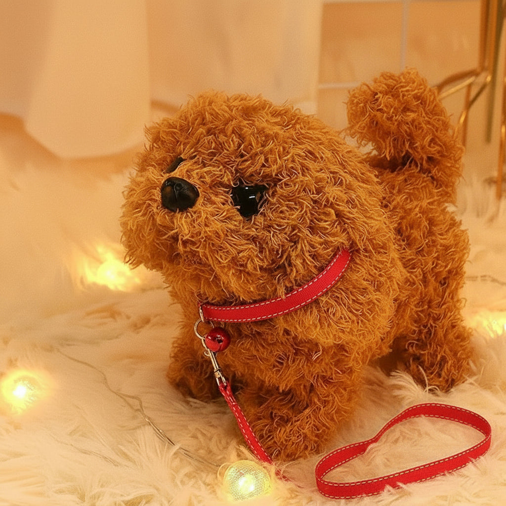 Brown plush dog toy on a soft surface