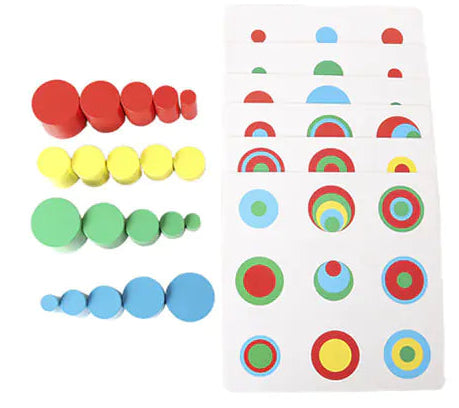 Colorful cylindrical wooden toys with cards on a white background