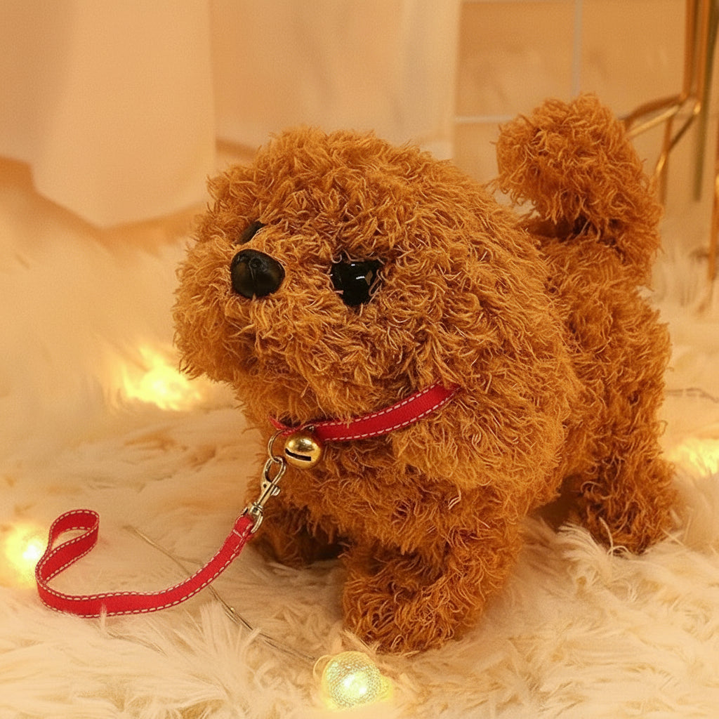 Brown plush dog toy on a soft surface