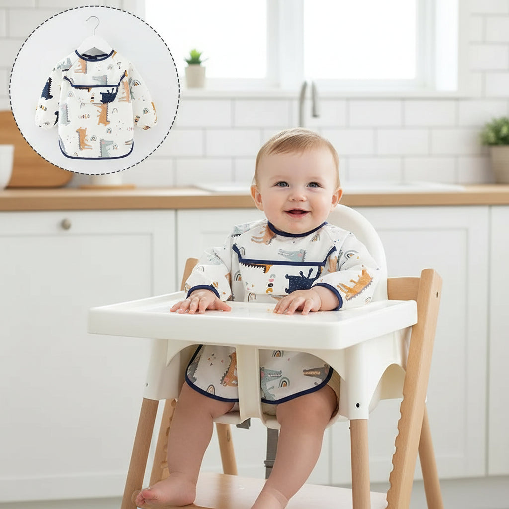 Baby bib with dinosaur pattern on a hanger against a white background