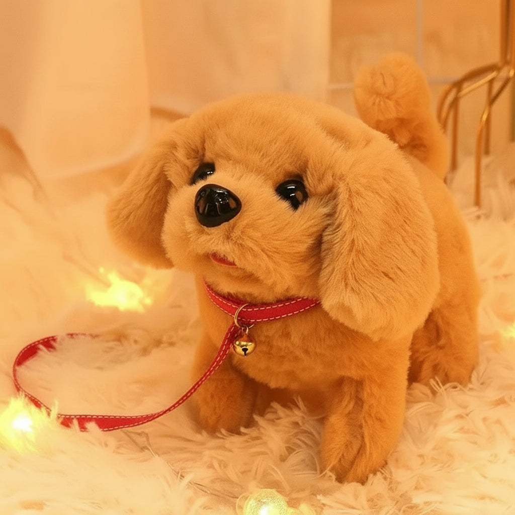 Plush toy dog with a leash on a soft surface