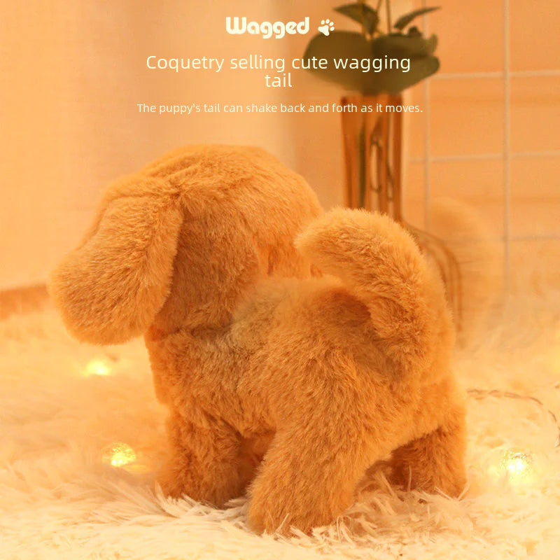 Plush toy dog with a wagging tail on a soft surface, branded 'Wagged'.