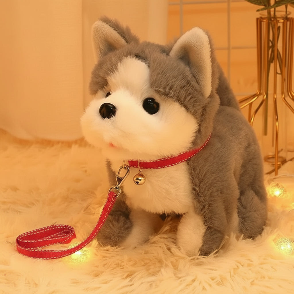 Plush toy dog with features like wagging tail, walking ability, and voice function on a soft surface.