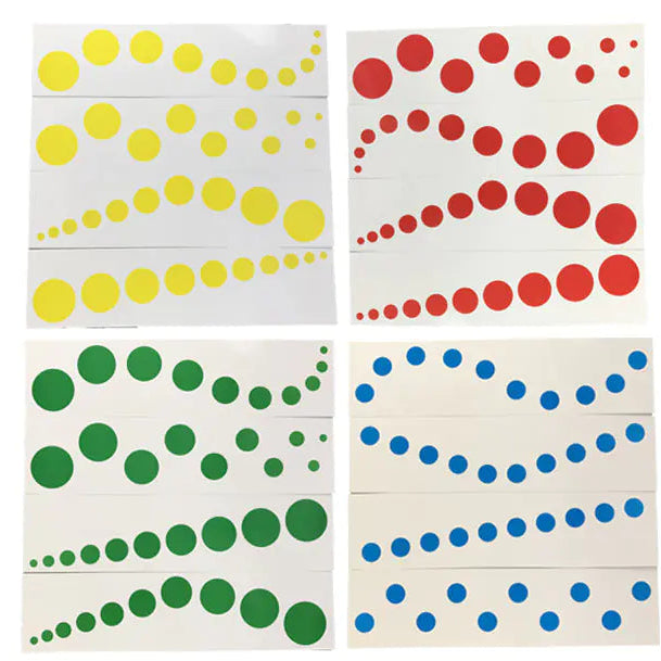 Four cards with colored dot patterns on a white background