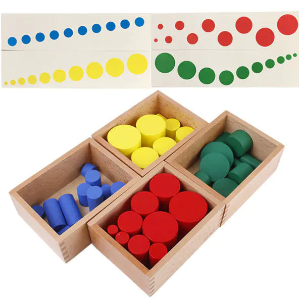 Colorful wooden cylindrical blocks in wooden boxes with corresponding dot cards above on a white background.
