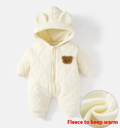 White baby snowsuit with bear ears and a brown patch on a white background.