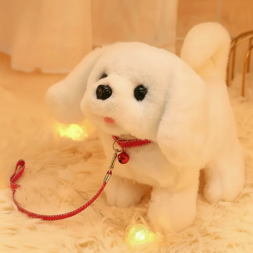 White plush toy dog with red leash on a soft surface