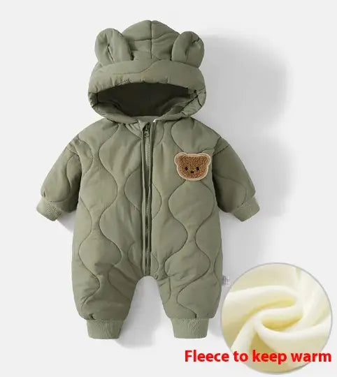 Green baby snowsuit with bear ears and patch on a white background, showing fleece lining.