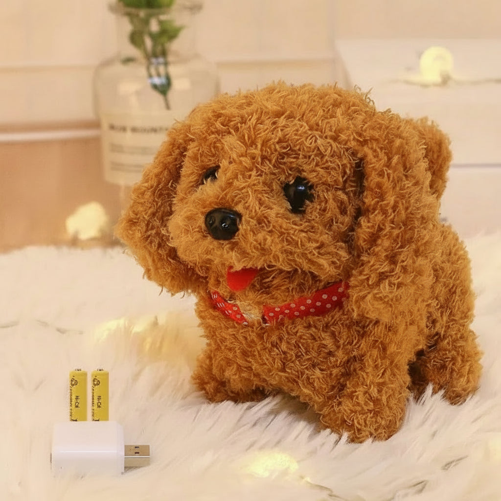 Brown toy dog with a red collar on a light surface