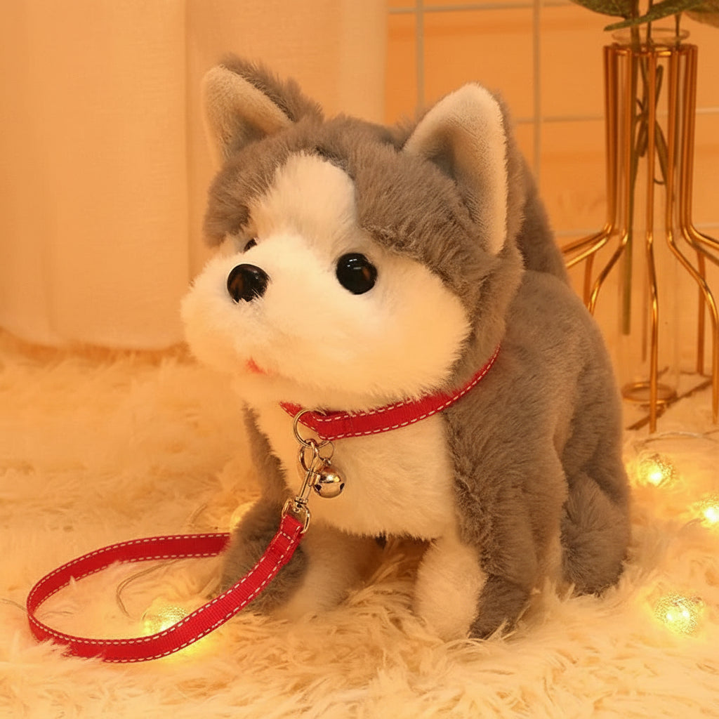 Plush toy dog with features like wagging tail, walking ability, and voice function on a soft surface.