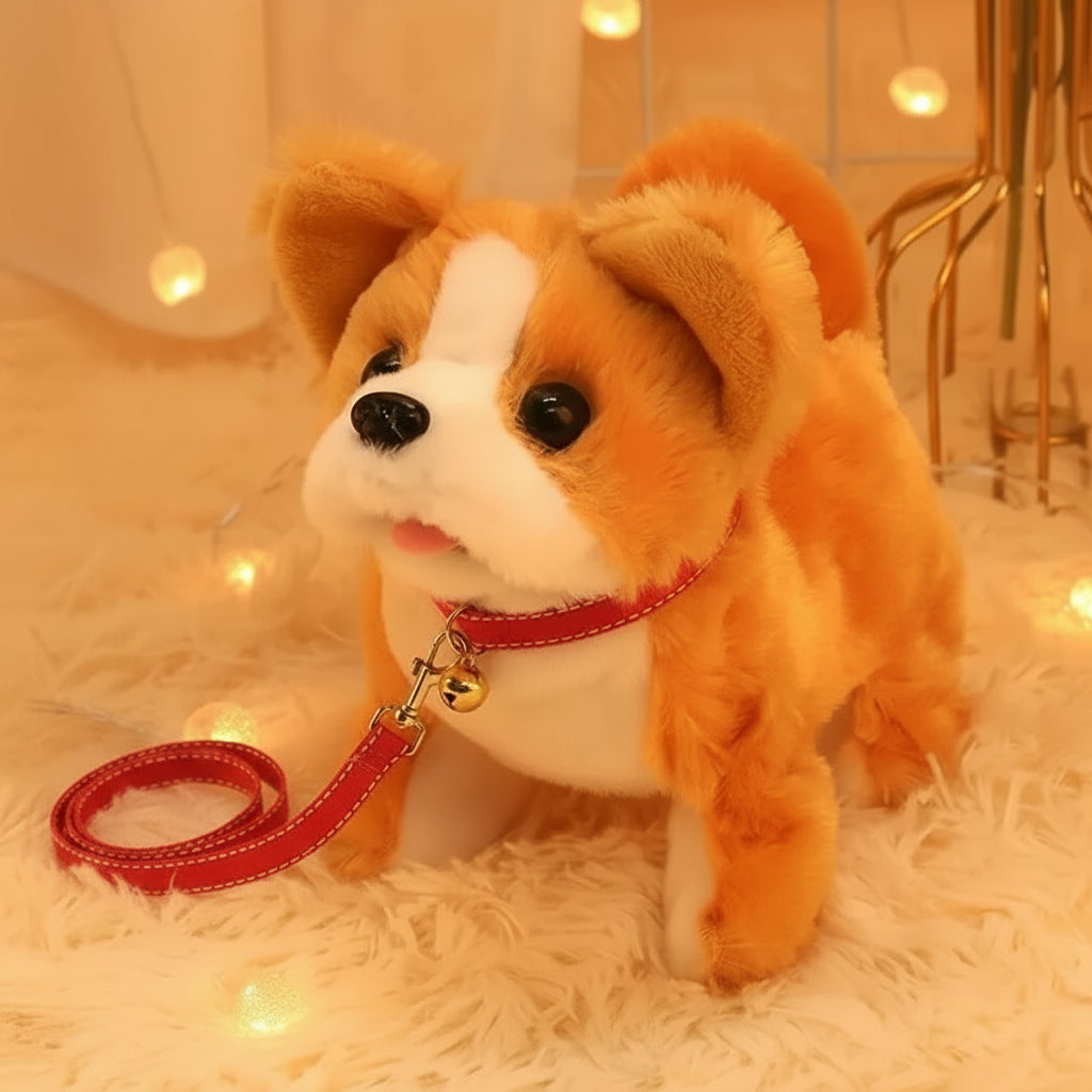 Plush toy dog with features like wagging tail, walkability, and voice function on a soft surface.