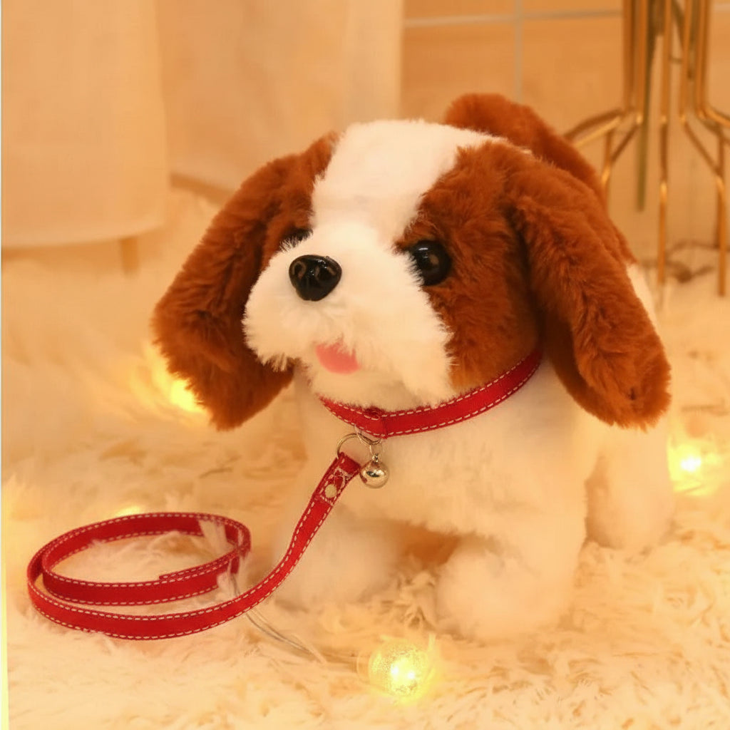 Plush toy dog with brown and white fur, sitting on a soft surface with decorative lights.
