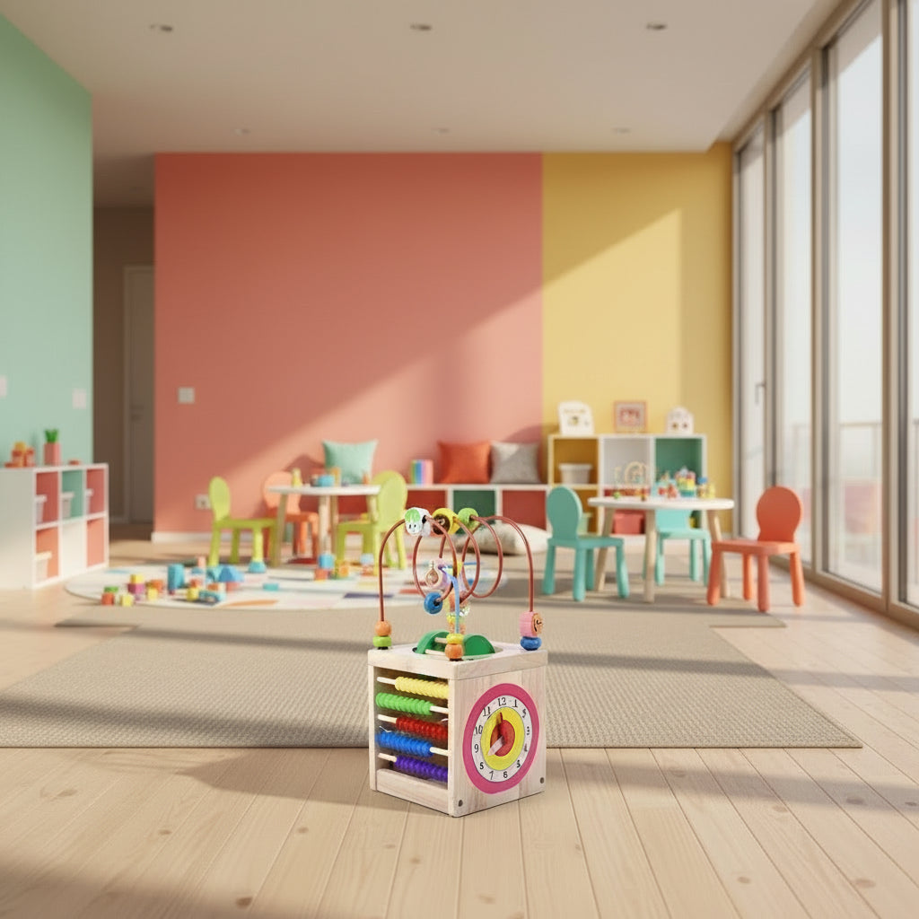 Colorful wooden toy with beads and a clock face on a white background