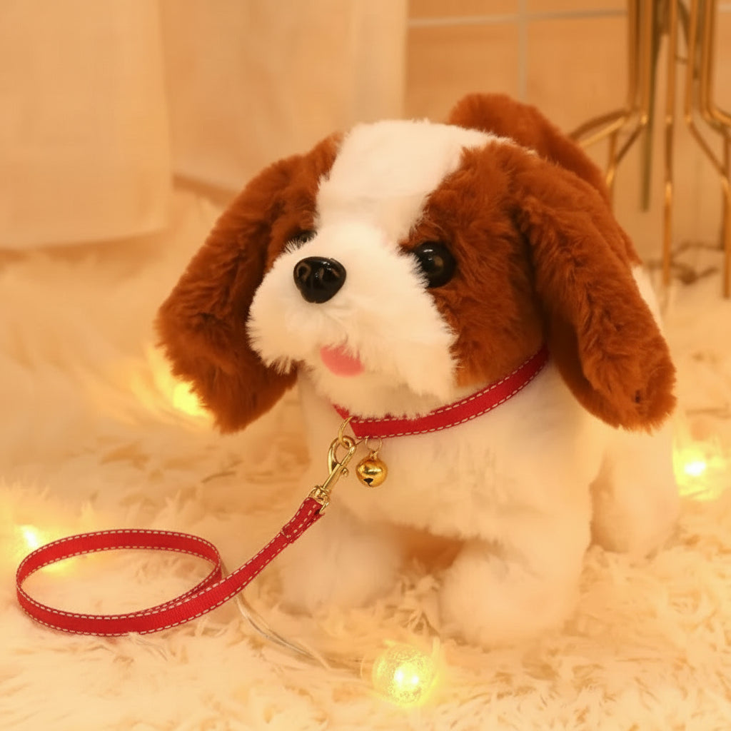 Plush toy dog with brown and white fur, sitting on a soft surface with decorative lights.