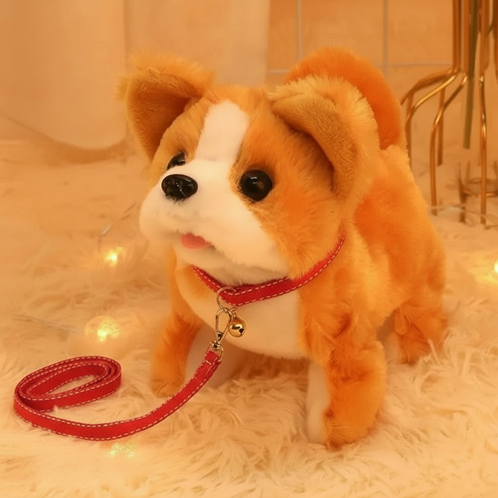Plush toy dog with features like wagging tail, walkability, and voice function on a soft surface.